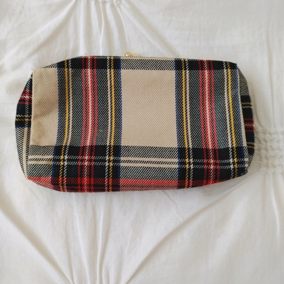 Vintage beige plaid fabric makeup clutch bag with mirror - Picture 5 of 9